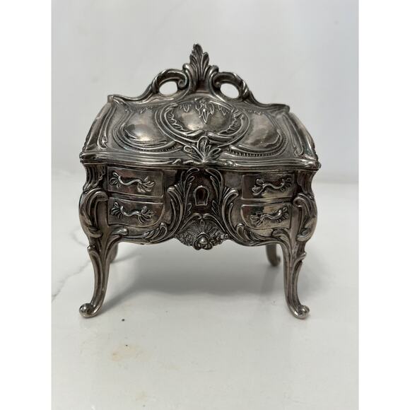 Vtg Jewelry Trinket Box Victorian Heavy Ornate Silver Tone Velvet Lined Hinged - Picture 1 of 5